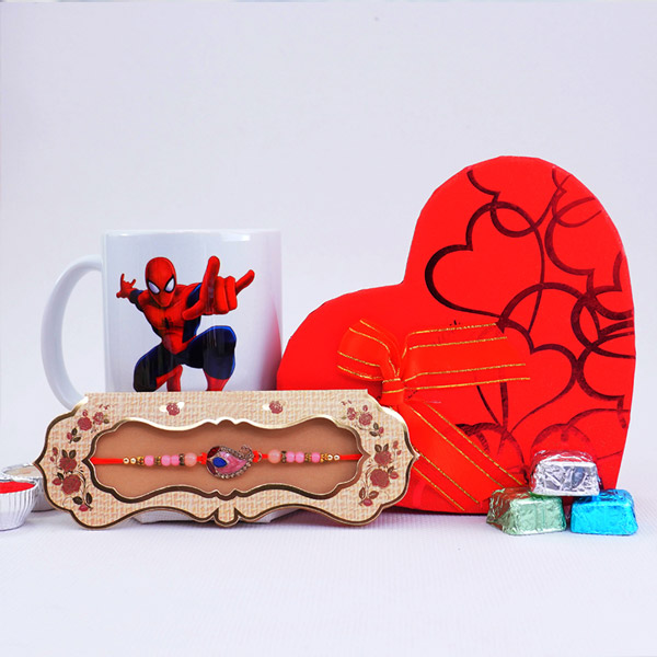 Stone Rakhi with Spider Man Mug N Assorted Chocolates