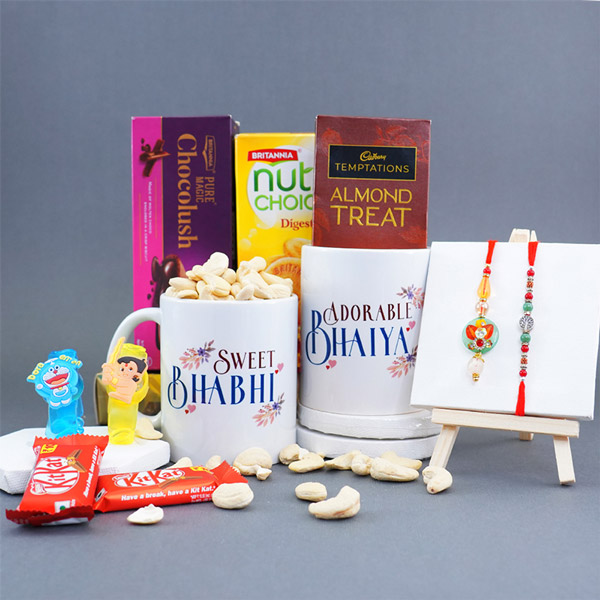 4 Rakhis with Bhaiya Bhabhi Mugs N Chocolates Gift Hamper