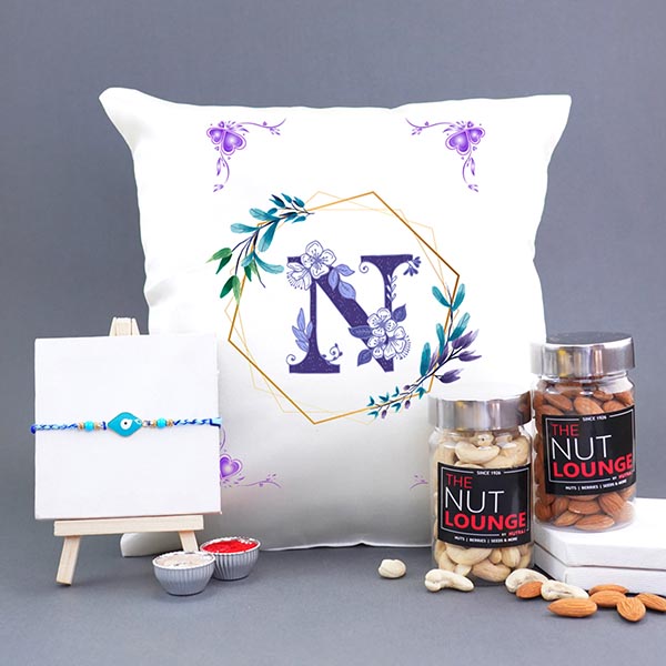 Alphabet Cushion with Rakhi N Dry Fruits