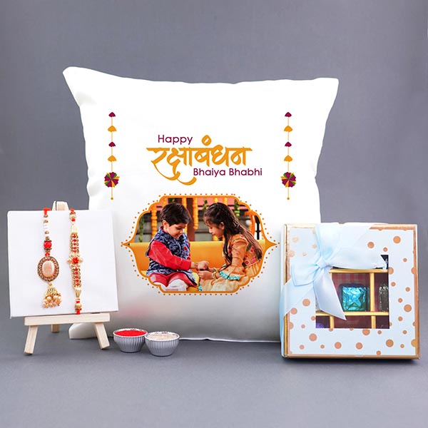 Personalised Cushion with Bhaiya Bhabhi Rakhi Comb