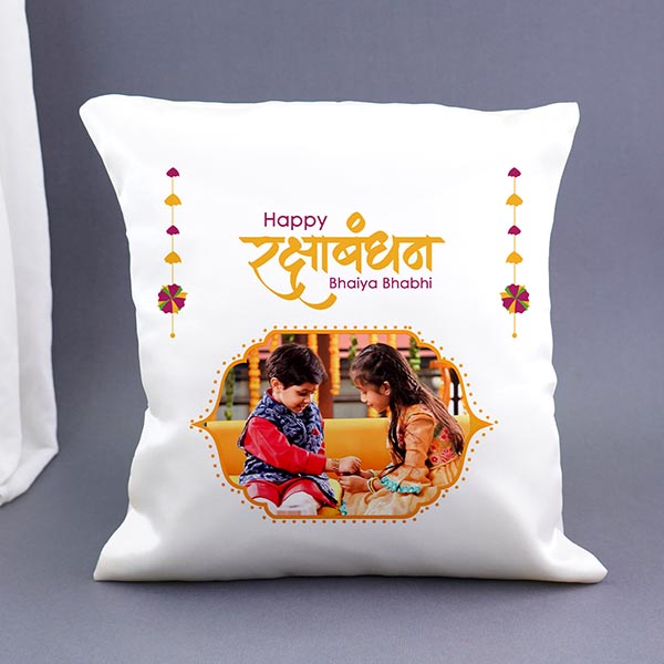 Personalised Cushion with Bhaiya Bhabhi Rakhi Comb