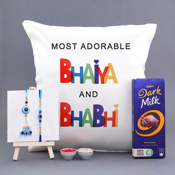Bhaiya Bhabhi Cushion with 2 Evil Eye Rakhi Combo