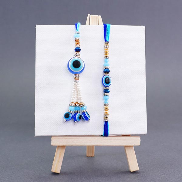 Bhaiya Bhabhi Cushion with 2 Evil Eye Rakhi Combo