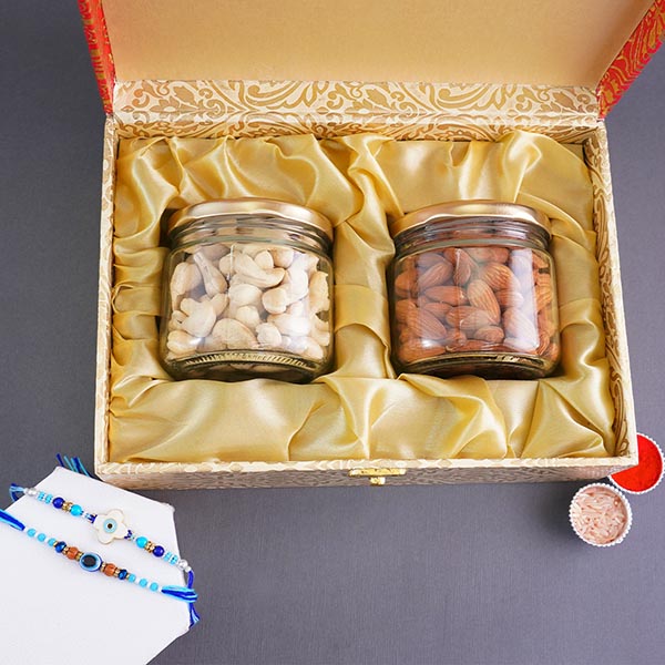Set of Two Evil Eye Rakhis with Dry Fruits Gift Pack