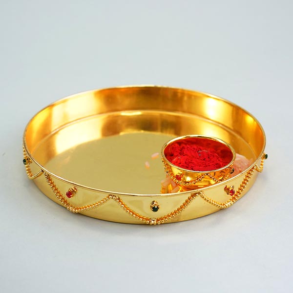 Pearl Rakhi N Golden Rakhi with Puja Thali Combo