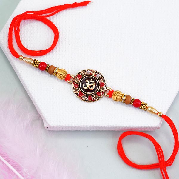 Pair of Golden Rakhis with Dry Fruit Chocolates