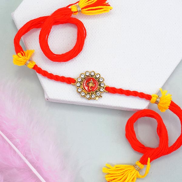 Pair of Golden Rakhis with Dry Fruit Chocolates