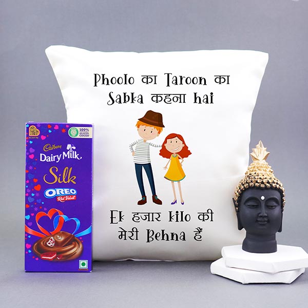 Cushion with Chocolate N Buddha Statue for Sister