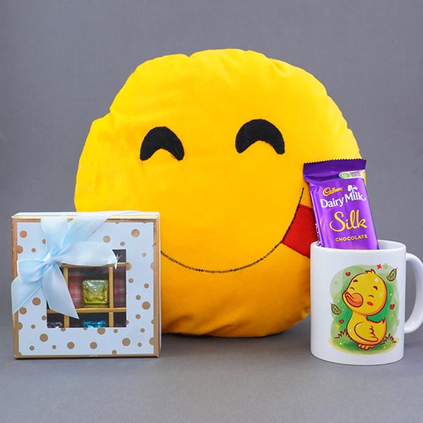 Smiley Cushion with Chocolates N Mug