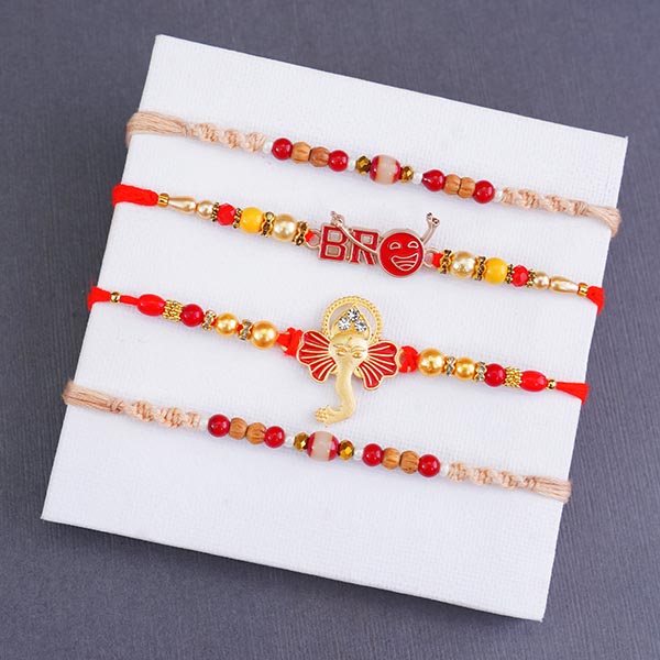 Four Attractive Rakhis with Dry Fruits N Chocolates Gift Pack