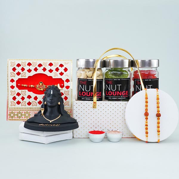 Three Auspicious Rakhis with Dry Fruits Gift Hamper