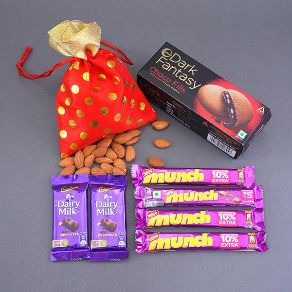 Two Alluring Rakhis N Kids Rakhi with Chocolates Gift Hamper