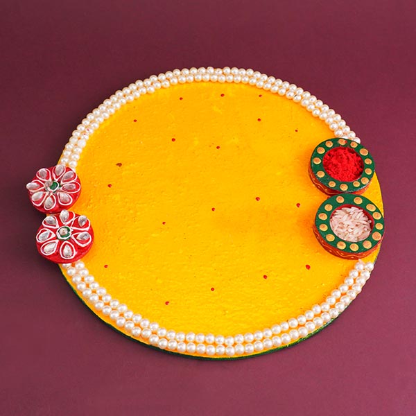 Golden Rakhi N Designer Rakhi with Kaju Katli Gift Pack
