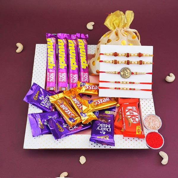 Fabulous Five Rakhis with Chocolates N Cashews Gift Hamper