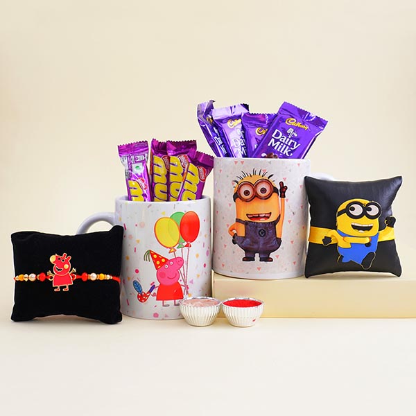 Minion Rakhi N Peppa Pig Kids Rakhi with Mugs Gift Hamper