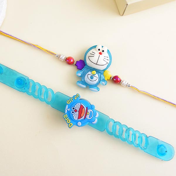 Two Doraemon Kids Rakhi with Chocolates N Cookies