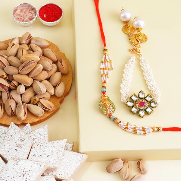 Alluring Bhaiya Bhabhi Rakhi with Kaju Katli Gift Hamper