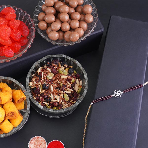 Sterling Silver Rakhi with Dry Fruit Gift Hamper