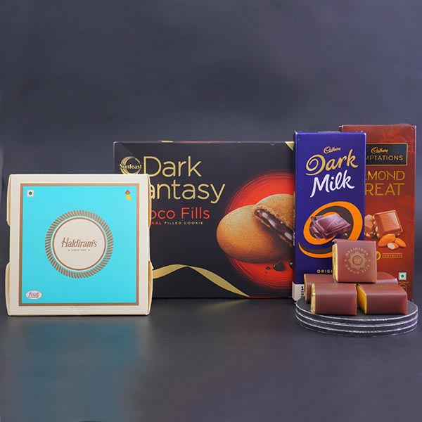 Golden Rakhi N Designer Rakhi with Chocolates Gift Hamper