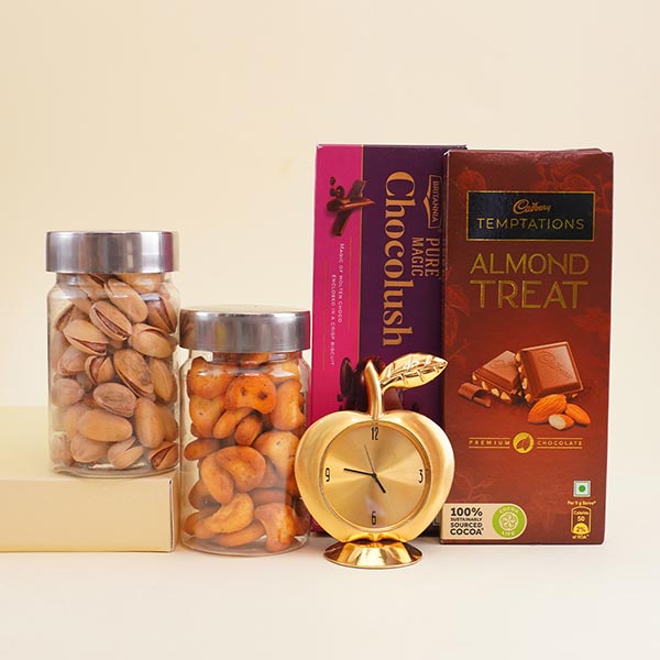 Silver Rakhi N Designer Rakhi with Clock Gift Pack