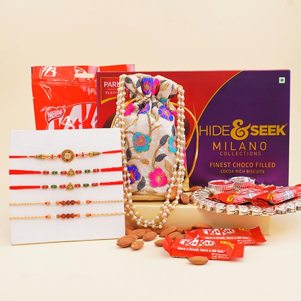 Five Set of Designer Rakhis with Chocolates Gift Pack