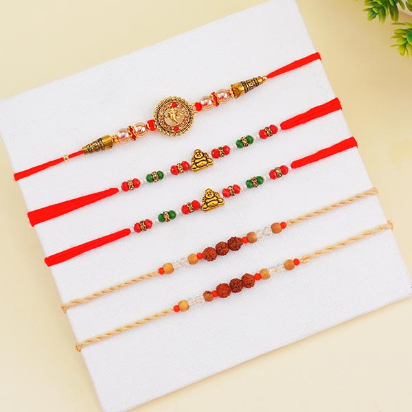 Five Set of Designer Rakhis with Chocolates Gift Pack