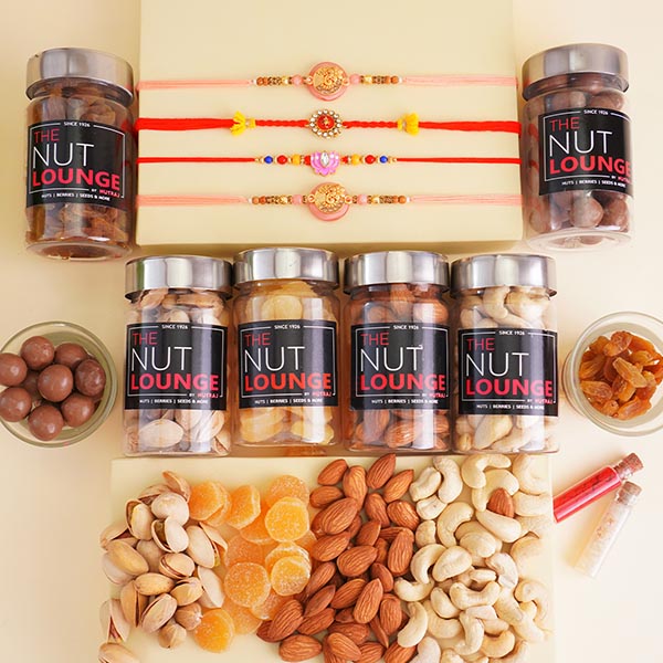 Set of Four Rakhis with Dry Fruits Gift Hamper