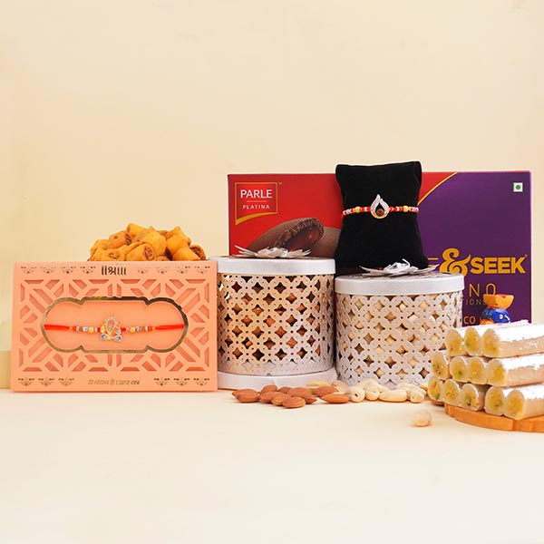Two AD Rakhis with Sweets Gift Hamper