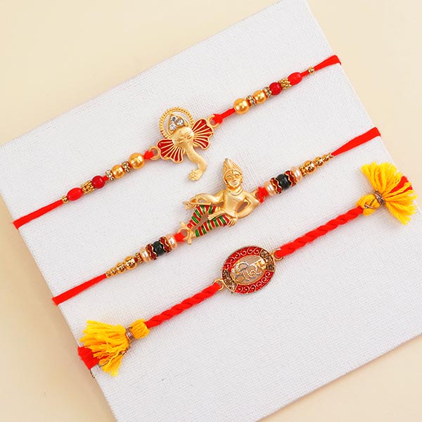 Three Golden Rakhis with Chocolates Gift Hamper