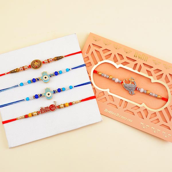 Set of Five Rakhis with Chocolates N Snacks Gift Pack