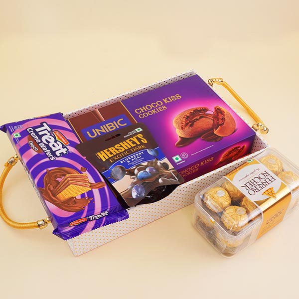 Set of Five Rakhis with Chocolates N Snacks Gift Pack