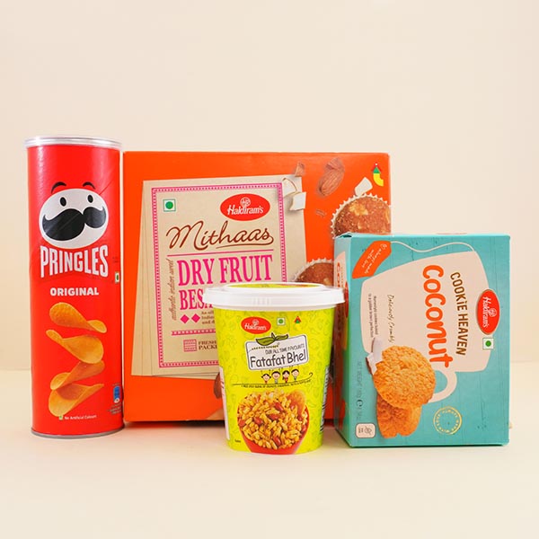 Set of Five Rakhis with Chocolates N Snacks Gift Pack