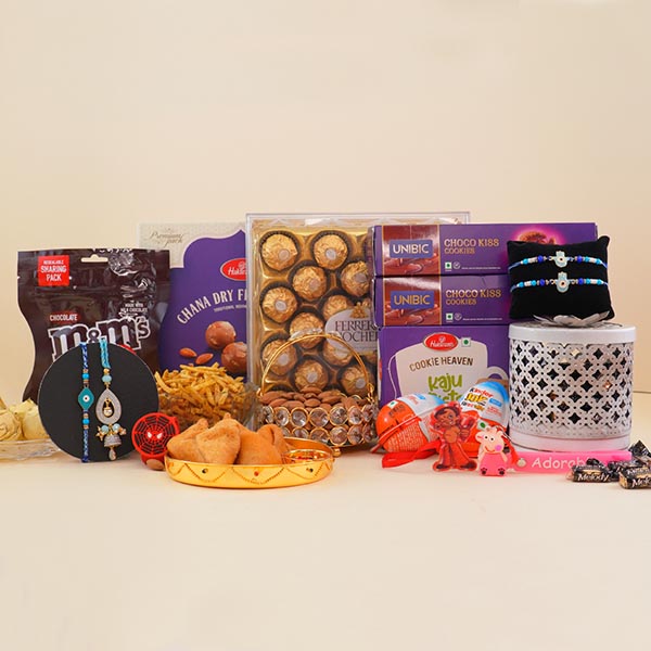 Six Rakhi Set with Chocolates N Puja Thali Gift Pack