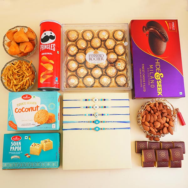 Five Evil Eye Rakhis with Sweets N Snacks Gift Hamper