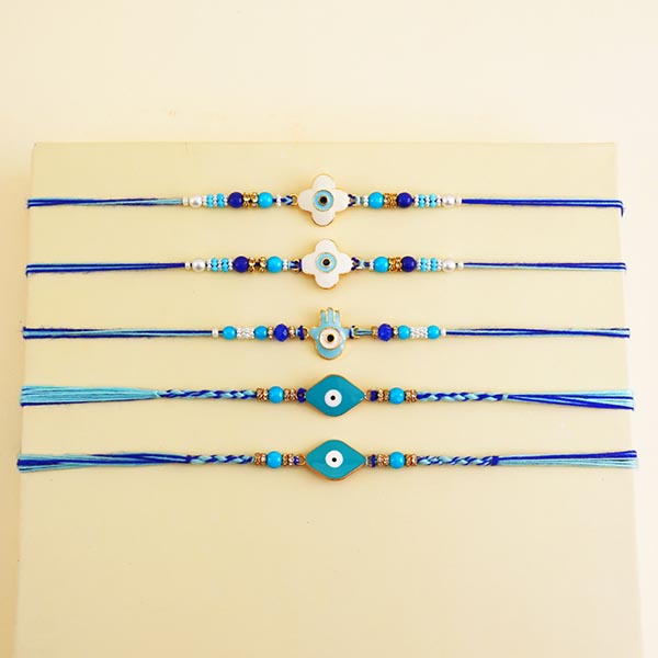 Five Evil Eye Rakhis with Sweets N Snacks Gift Hamper