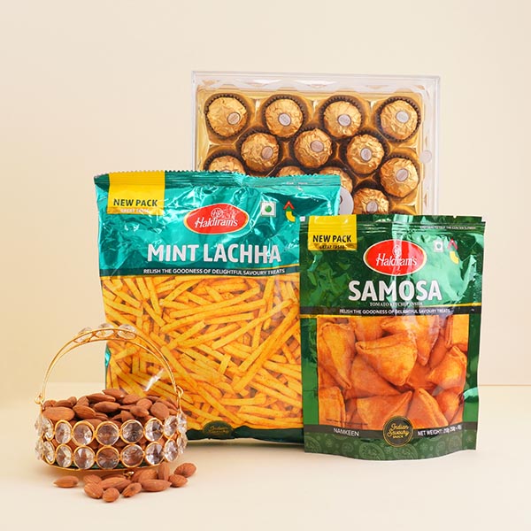 Five Evil Eye Rakhis with Sweets N Snacks Gift Hamper