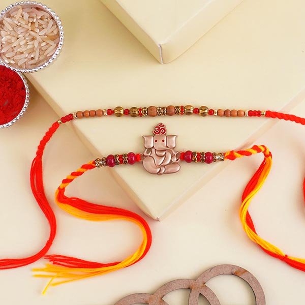 Golden Ganesha Rakhi N Beaded Rakhi Set