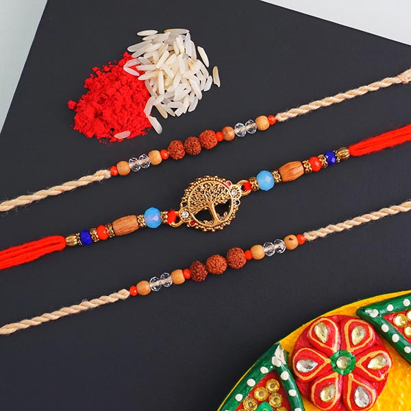 One Golden Tree Rakhi and Two Rudraksha Rakhi