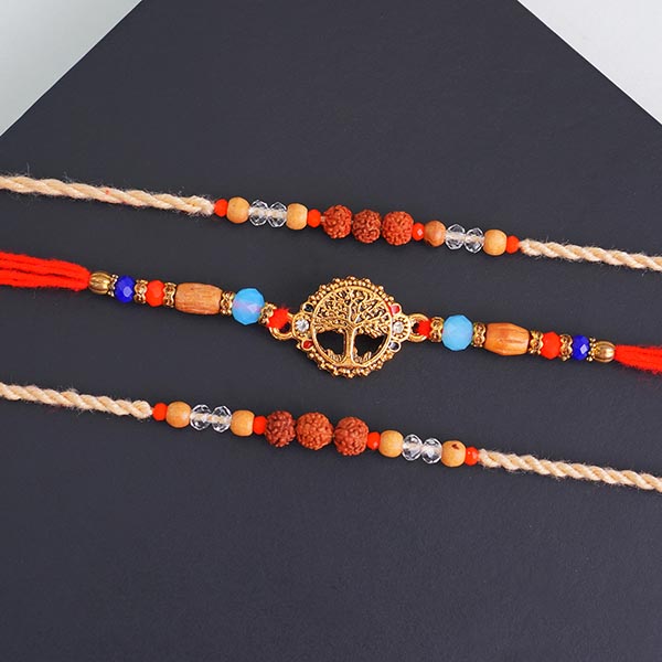 One Golden Tree Rakhi and Two Rudraksha Rakhi