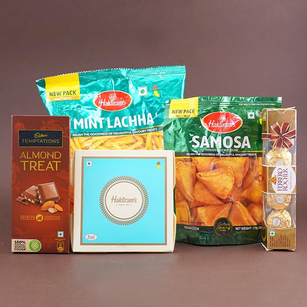 Set of Four Rakhis with Kaju Katli Gift Hamper