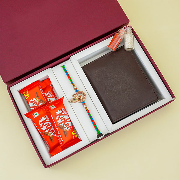 Sacred Rakhi with Wallet N Chocolates in Box