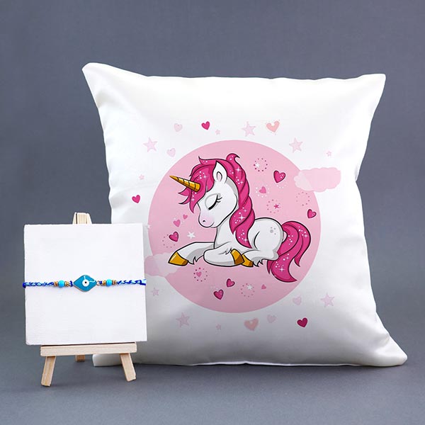 Unicorn Cushion with Good Luck Rakhi