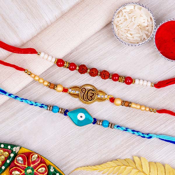 Set of Three Rakhi with Devotional and Evil Eye Rakhi