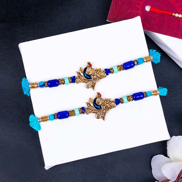 Set of 5 Rakhi including Evil Eye Rakhi and Peacock Rakhi