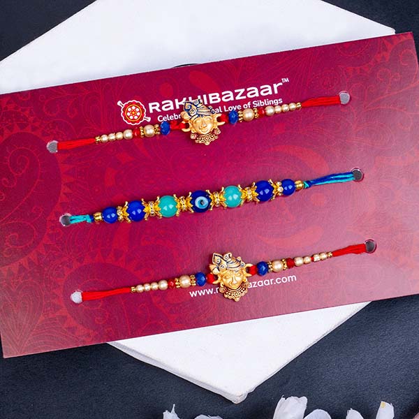 Set of 5 Rakhi including Evil Eye Rakhi and Peacock Rakhi