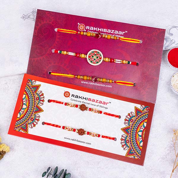 Set of 5 Rakhi with Designer Rakhi and Rudraksha Rakhi