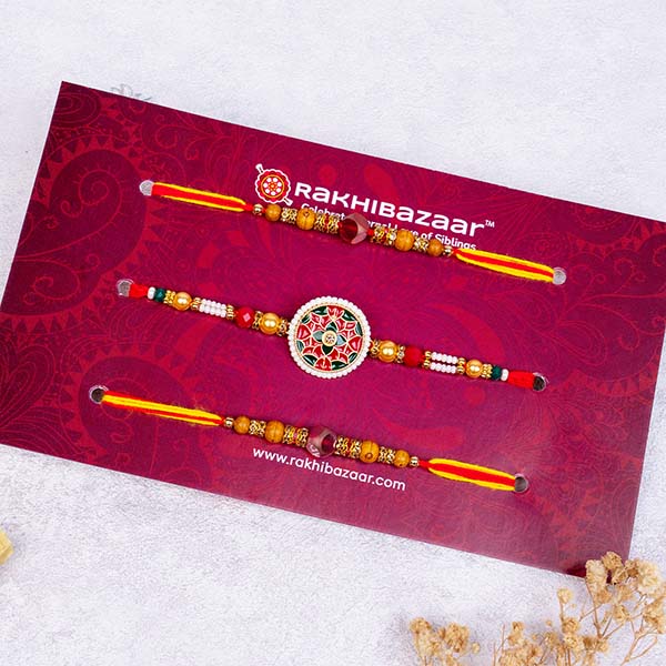 Set of 5 Rakhi with Designer Rakhi and Rudraksha Rakhi