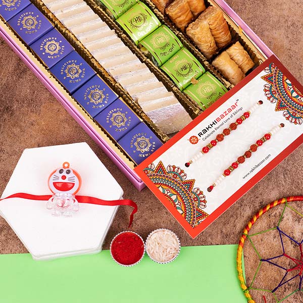 Doremon Rakhi and Rudraksha Rakhi with Haldiram Sweet Box