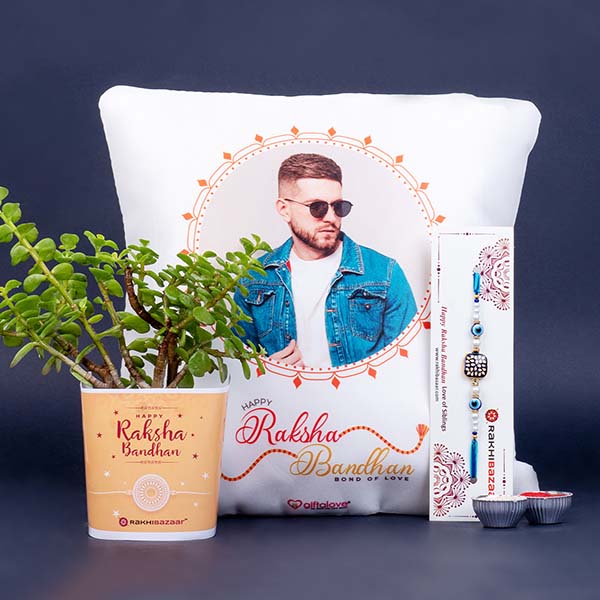 Designer Rakhi with Photo Cushion and Jade Plant