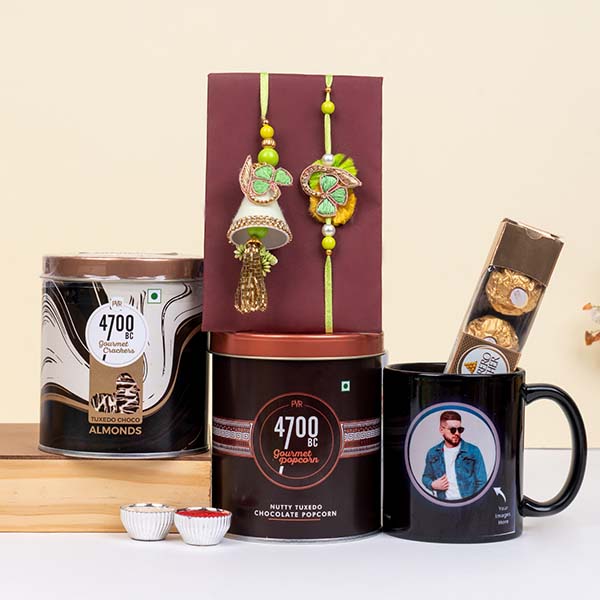 Glorious Bhaiya Bhabhi Rakhi with Personalized Photo Mug N Gourmet Items